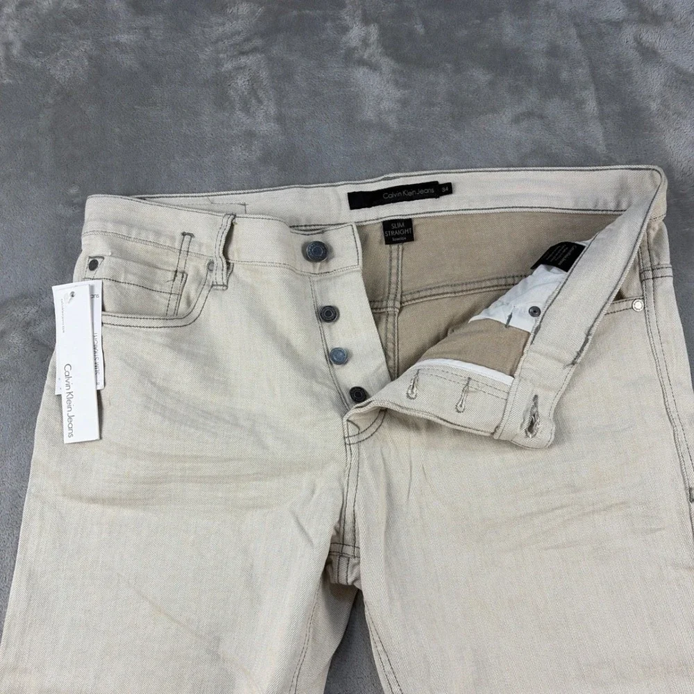 Calvin Klein Jeans Mens 34 Slim Straight Low Rise Button Fly Beige Off White NEW
